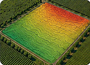 Modelo digital del terreno con curvas de nivel coloreadas por elevación